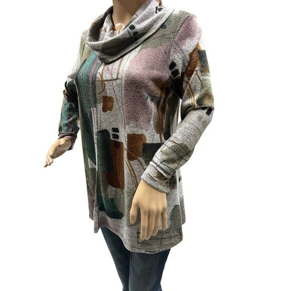 Jess & Jane Cowl Neck 3/4 Sleeve Artsy Abstract Print Tunic Top Size Small - Picture 2 of 10